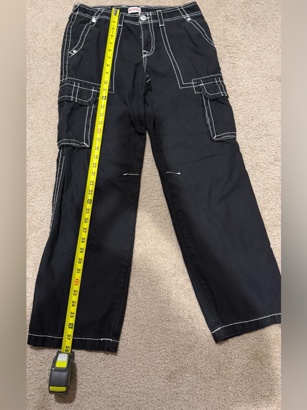 True Religion Black Cargo Jeans with White Contrast Stitching